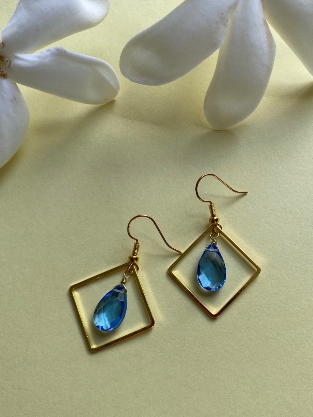 Handmade Square Hoop Earrings with Neon Blue Apatite